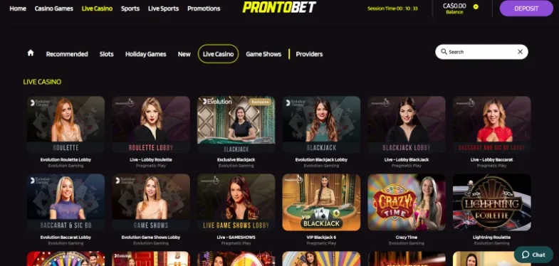 Enjoy a selection of live casino games at ProntoBet Casino