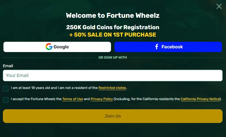 Signing up to Fortune Wheelz