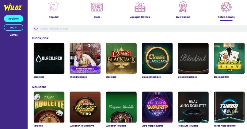 Does Wildz Casino offer table games