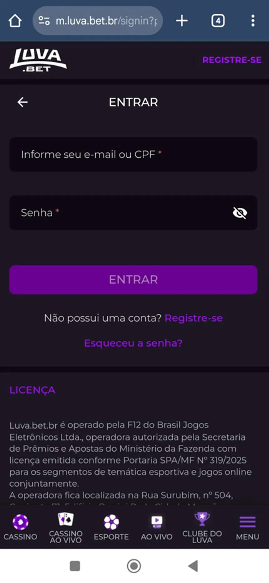 login luva bet pelo celular