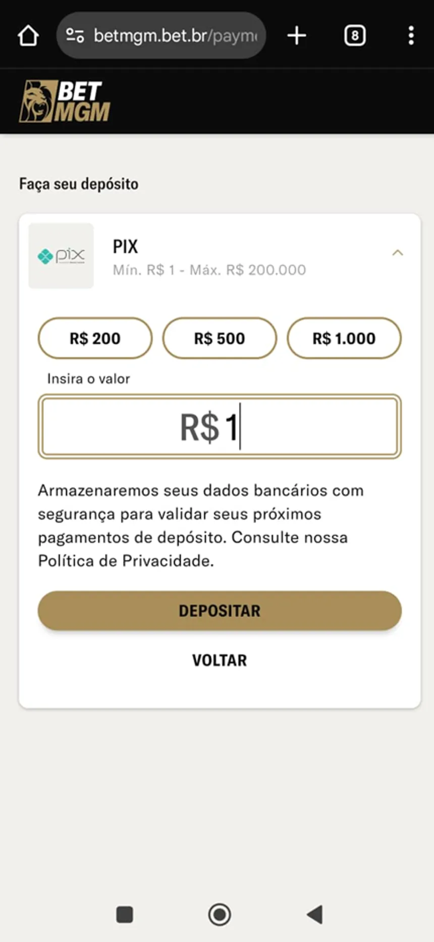 depósito mínimo betmgm