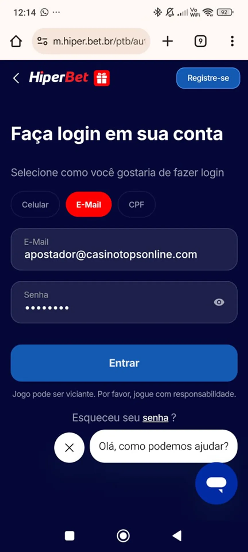 login hiperbet pelo celular