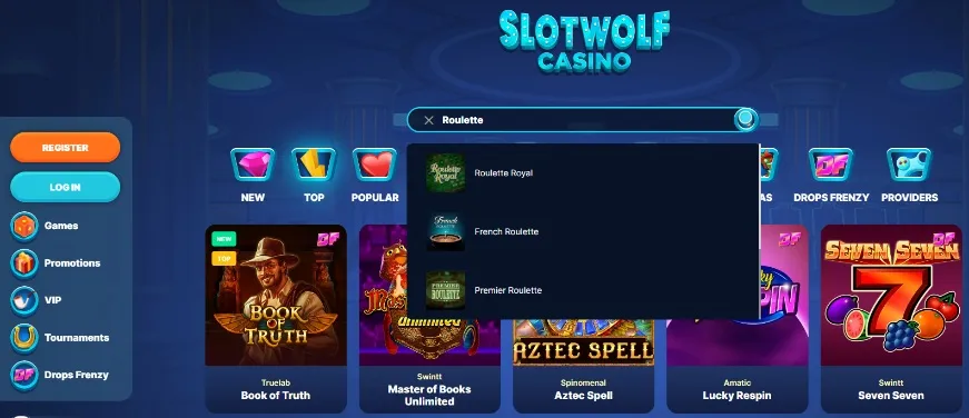 Table games selection at Slotwolf Casino