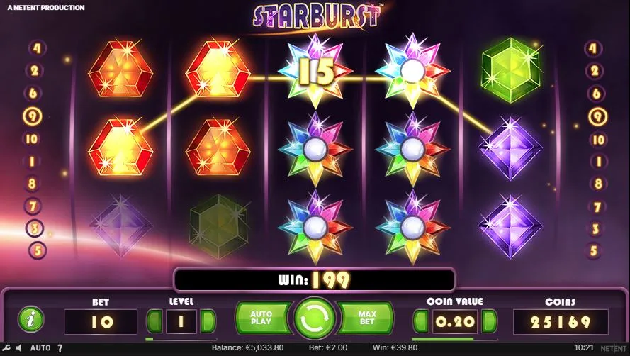 A screenshot of a winning combination of symbols on the Starburst slot