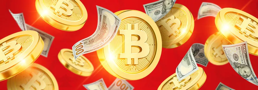 Lentäviä bitcoin- kolikoita ja seteleitä