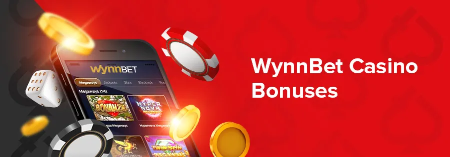 cellphone displaying wynnbet website with coins, chips and dice floating around it next to the text: Wynnbet Casino Bonuses