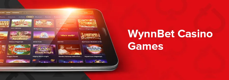 Tablet displaying slot games next to the text Wynnbet Casino Games