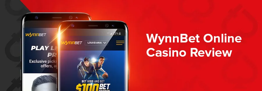 Two cellphones displaying wynnbet's app next to the text Wynnbet Online Casino Review with a red and black background