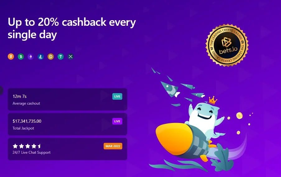 Bets.io Casino pelihahmo violetilla taustalla ja teksti 20% cashback edusta