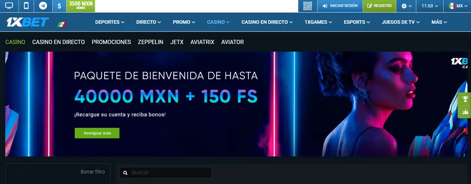 Así luce la plataforma del casino 1xBet en México