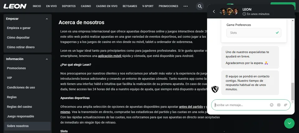 Leonbet pone a disposición de sus clientes un rápido sistema de chat en vivo
