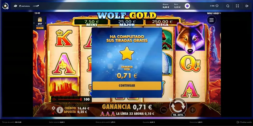 Este es el mensaje que aparece tras finalizar la ronda de giros gratis en Wolf Gold