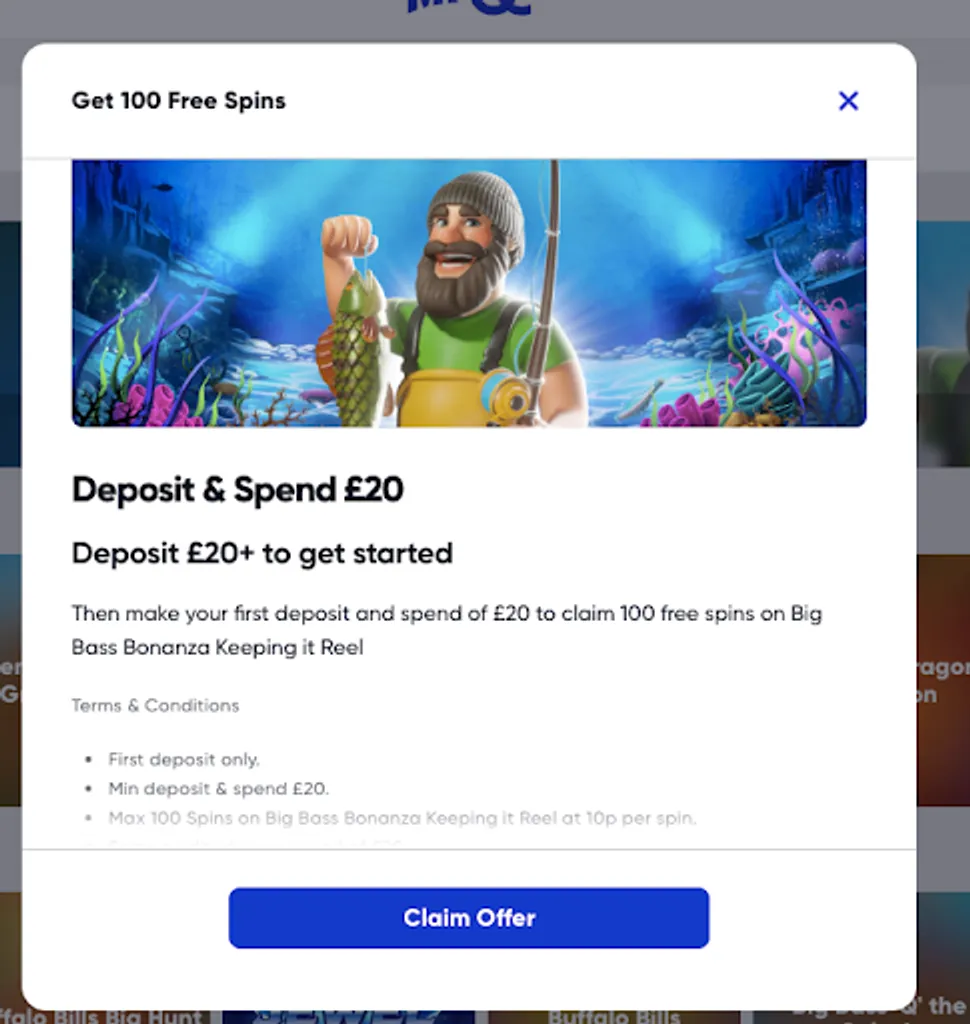 Image showing the screen players come to when claiming MrQ promo code bonus