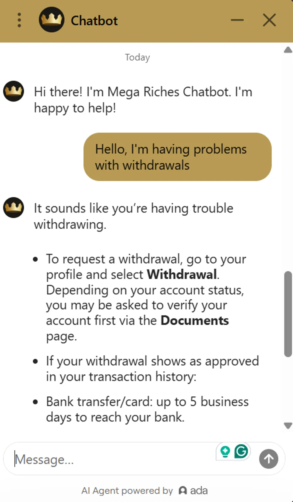 Customer Support at Mega Riches