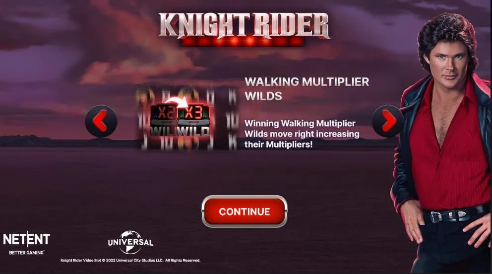 Knight Rider pelin aloitusikkuna, jossa Ritari Ässä David Hasselhoff poseeraa