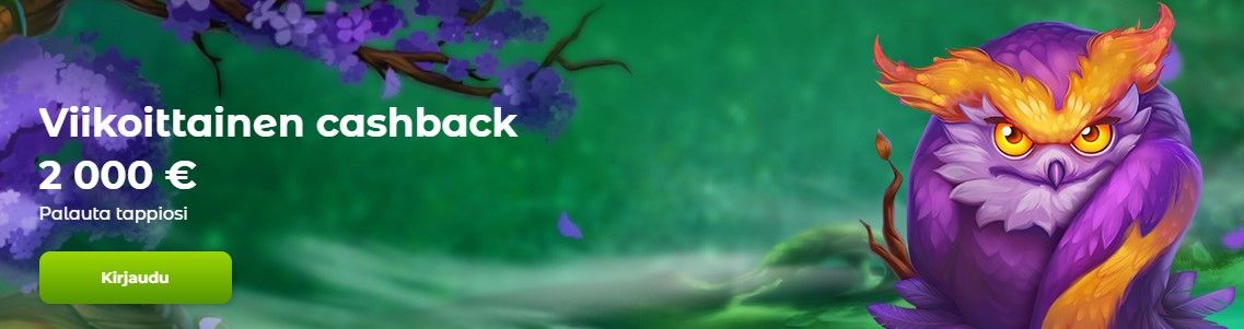 Verde casino aloitus Vihreällä taustalla violetin ja oranssin värinen pöllö ja oksia