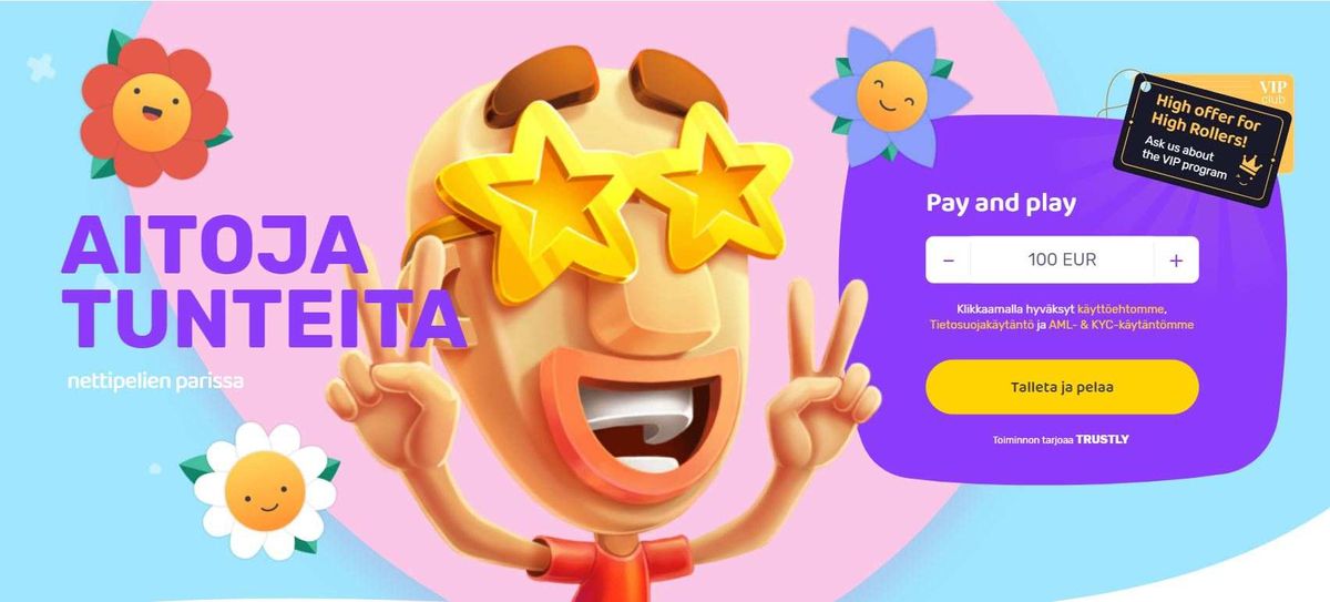 Emojino Casino aloitus Emojino Casino talletusikkuna, pelihahmo tähtilaseilla ja kukkia taustalla