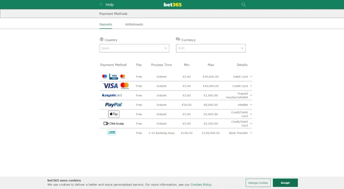 Payments at bet365 casino