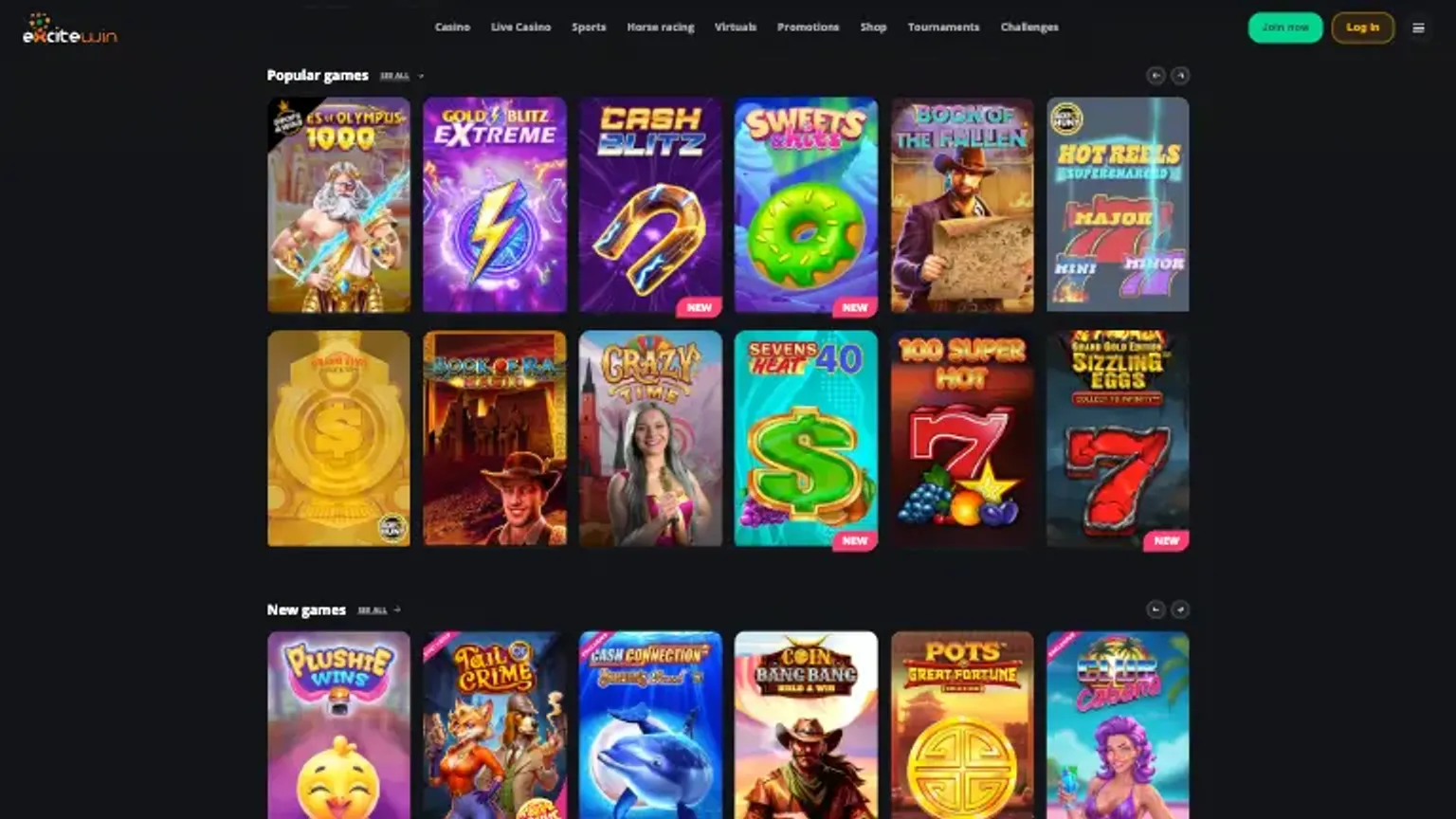 Game selection at Excitewin