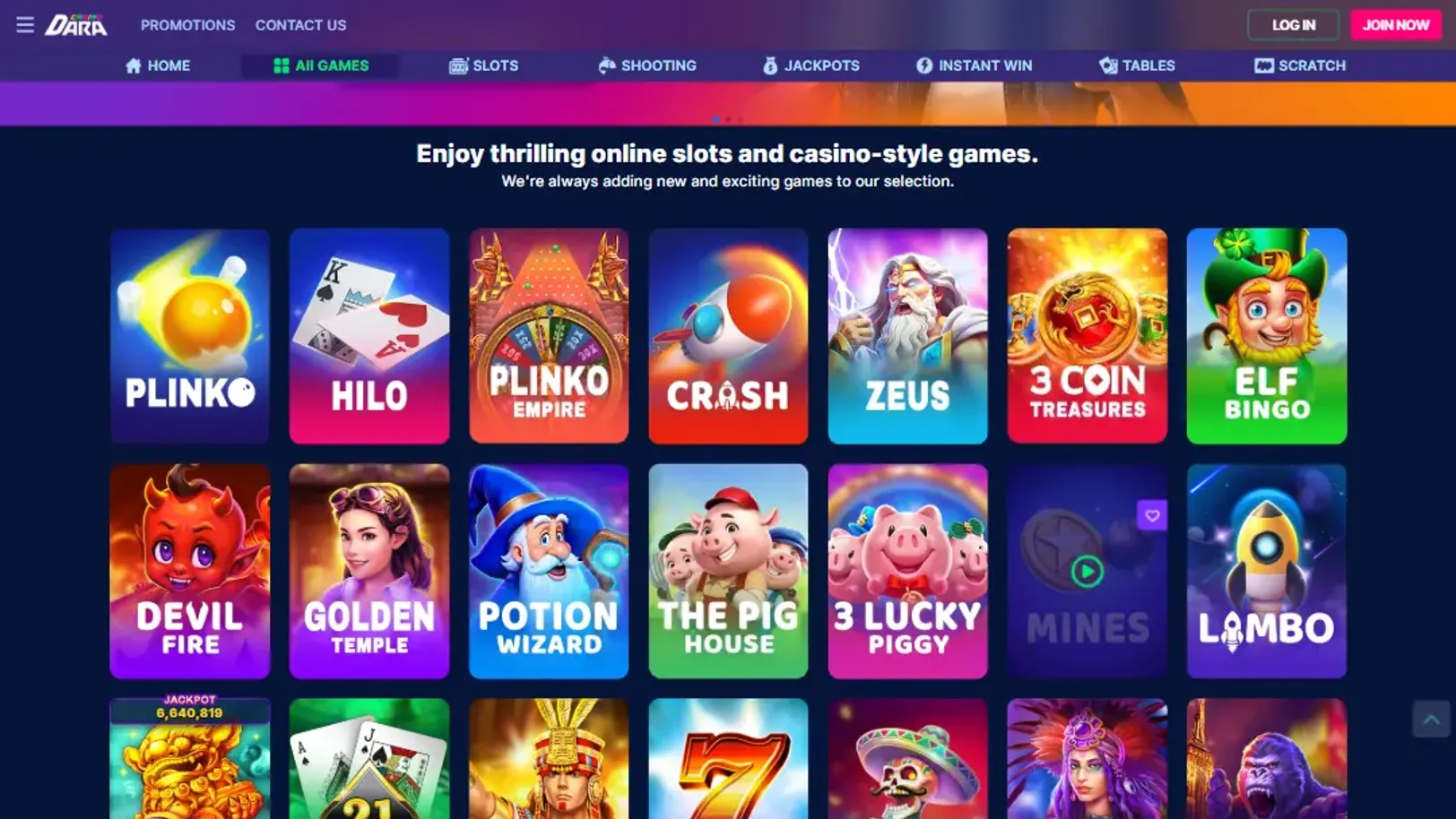 Dara game lobby Game selection at Dara Casino