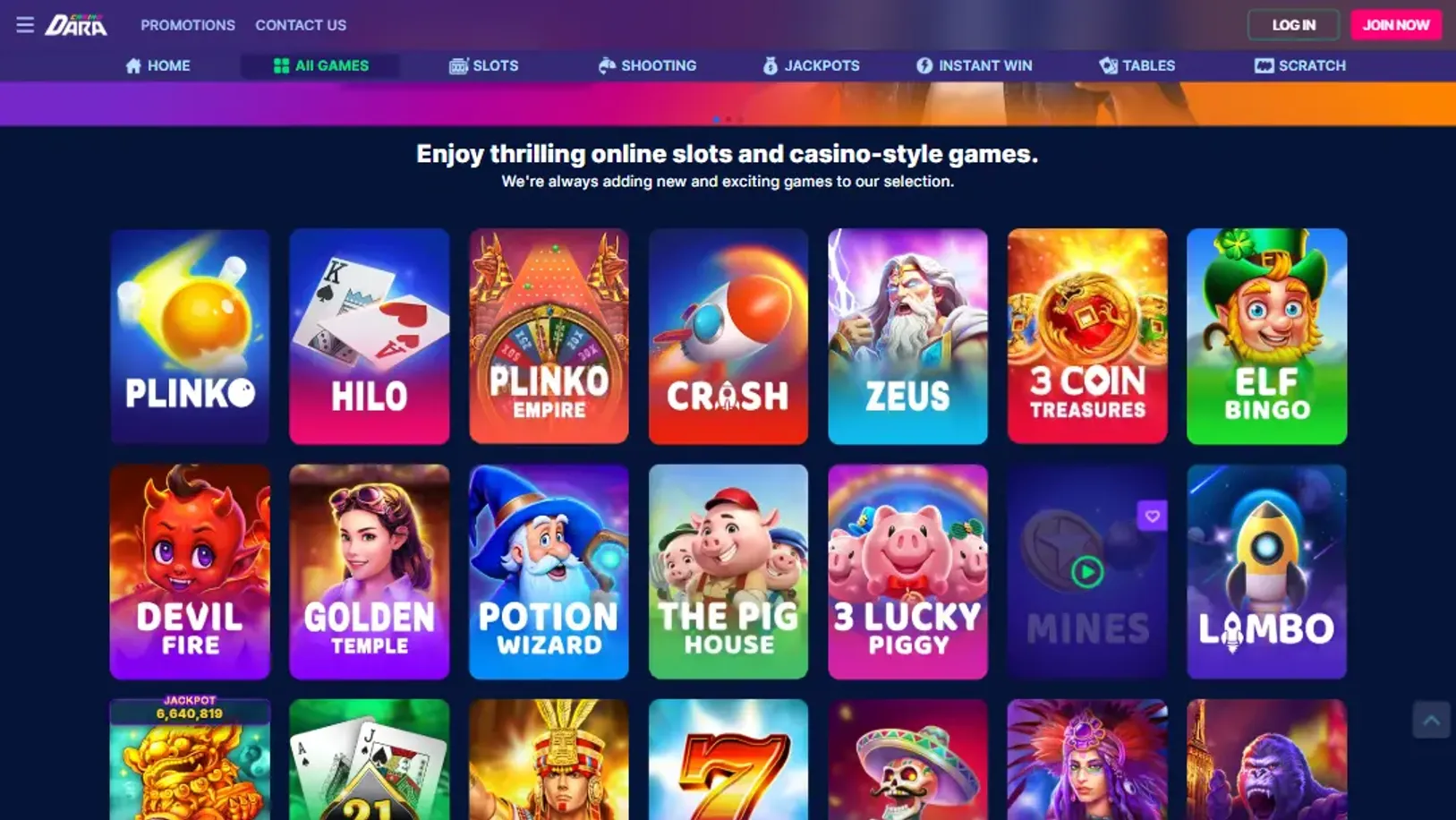 Dara game lobby Game selection at Dara Casino
