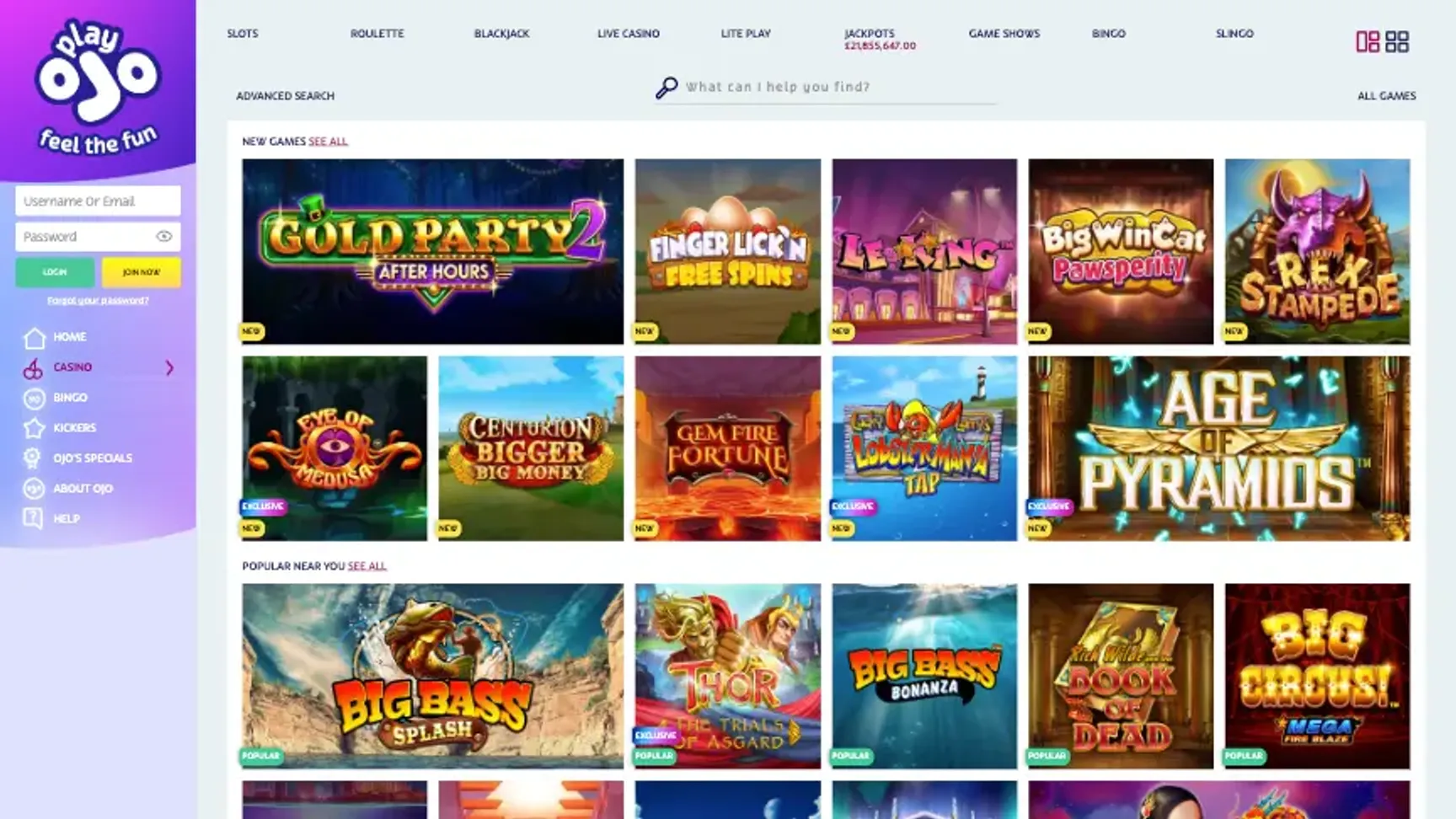 PlayOJO game selection