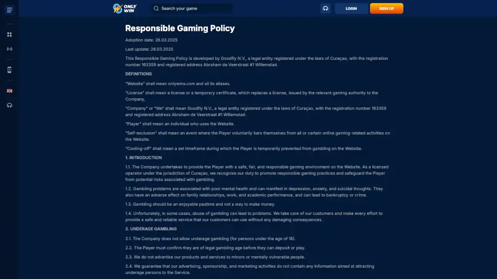 Onlywin casino responsible gaming policy