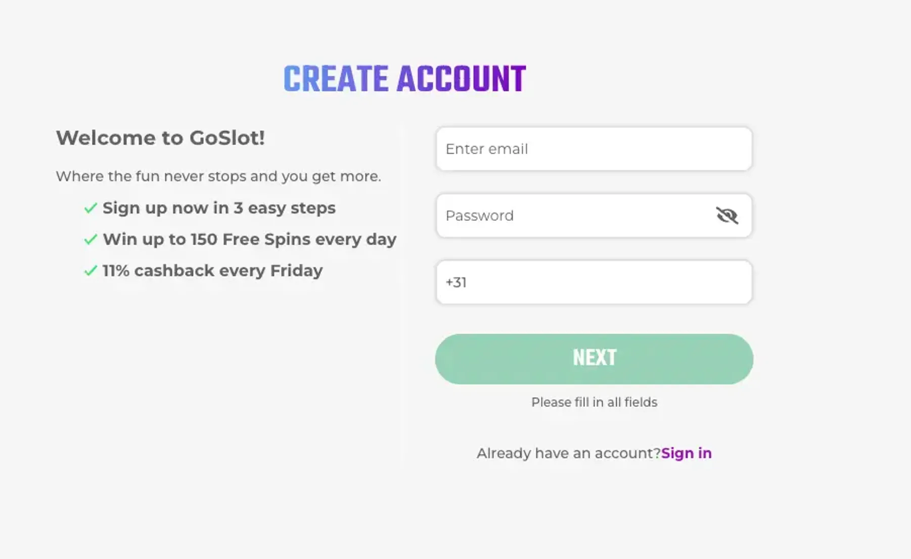 Goslot casino create account