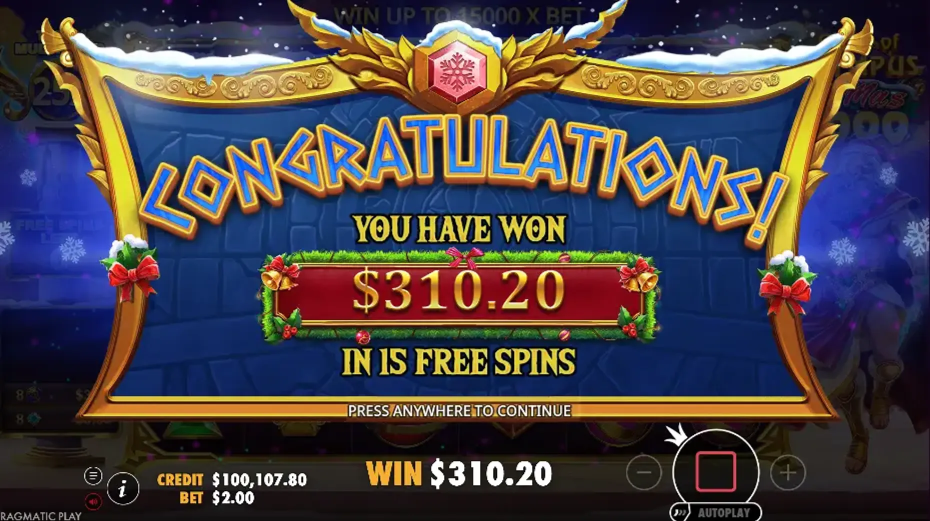 Captura de una ganancia tras los giros gratis en Gates of Olympus Xmas 1000