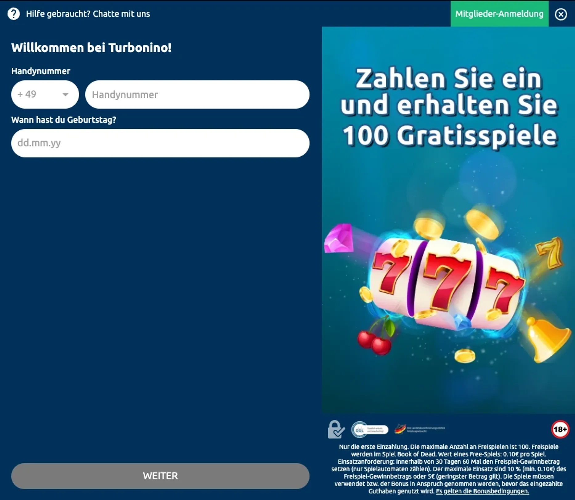 Turbonino Registrierung
