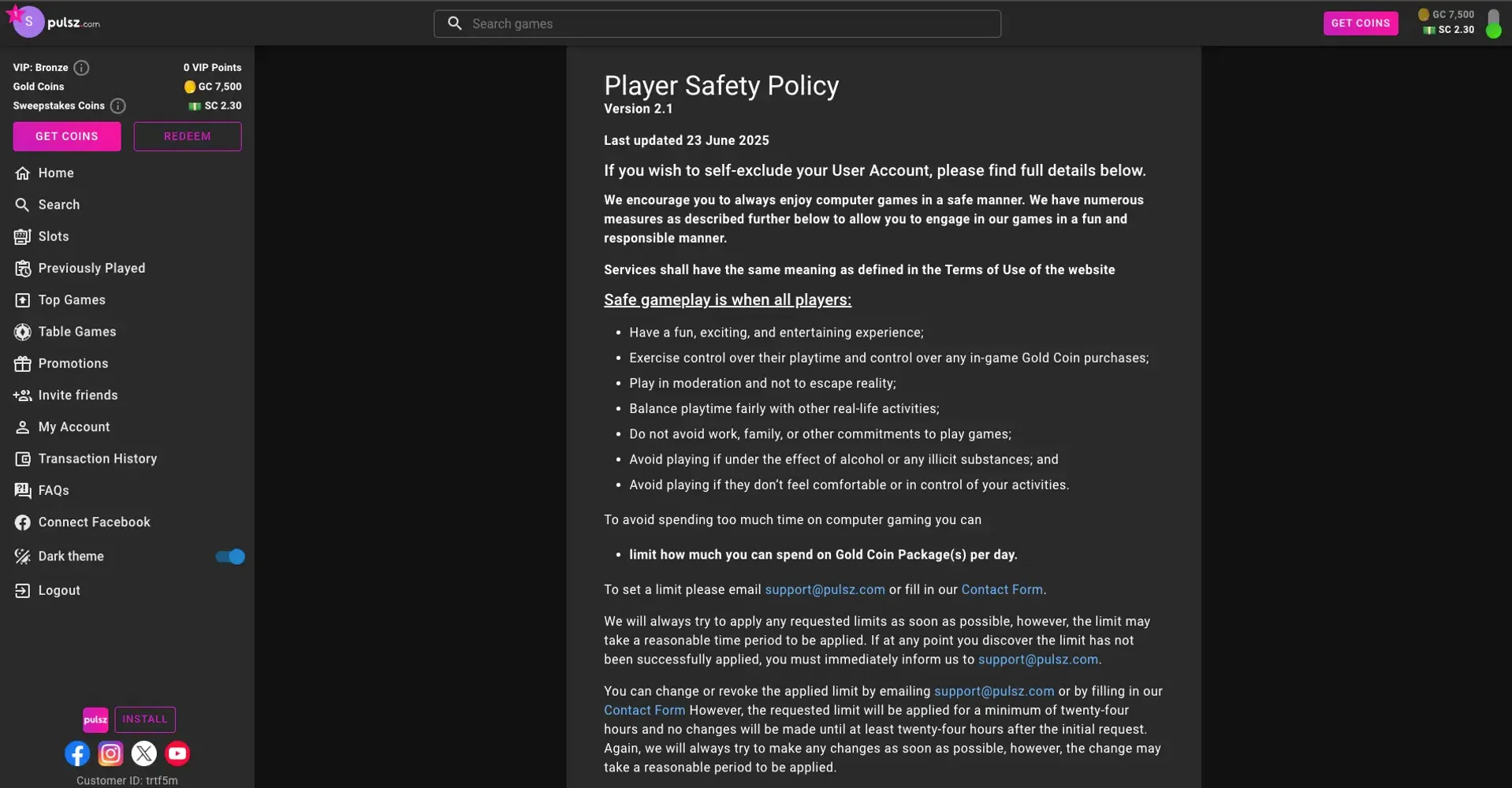pulsz casino player safety policy
