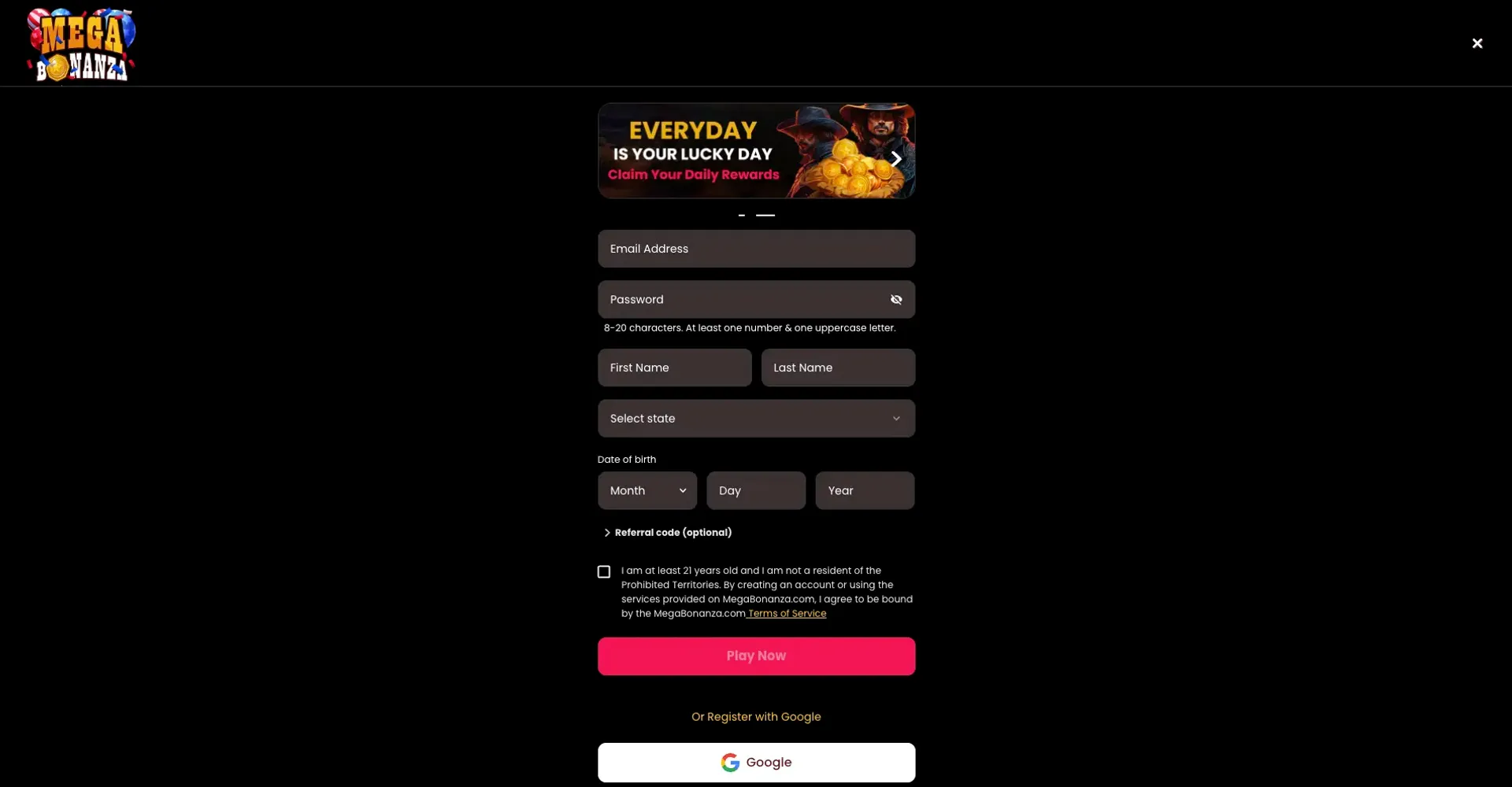Mega Bonanza register