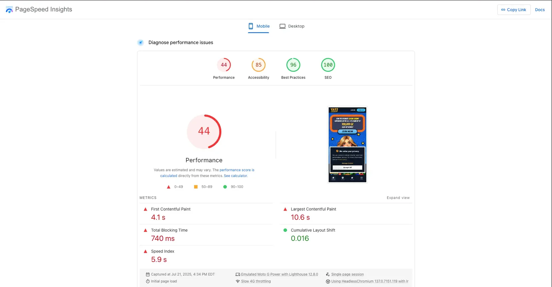 yay casino page speed
