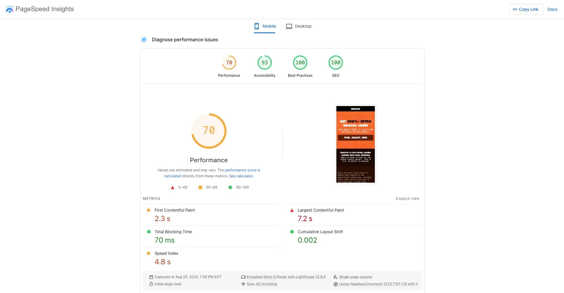 Bracco casino page speed