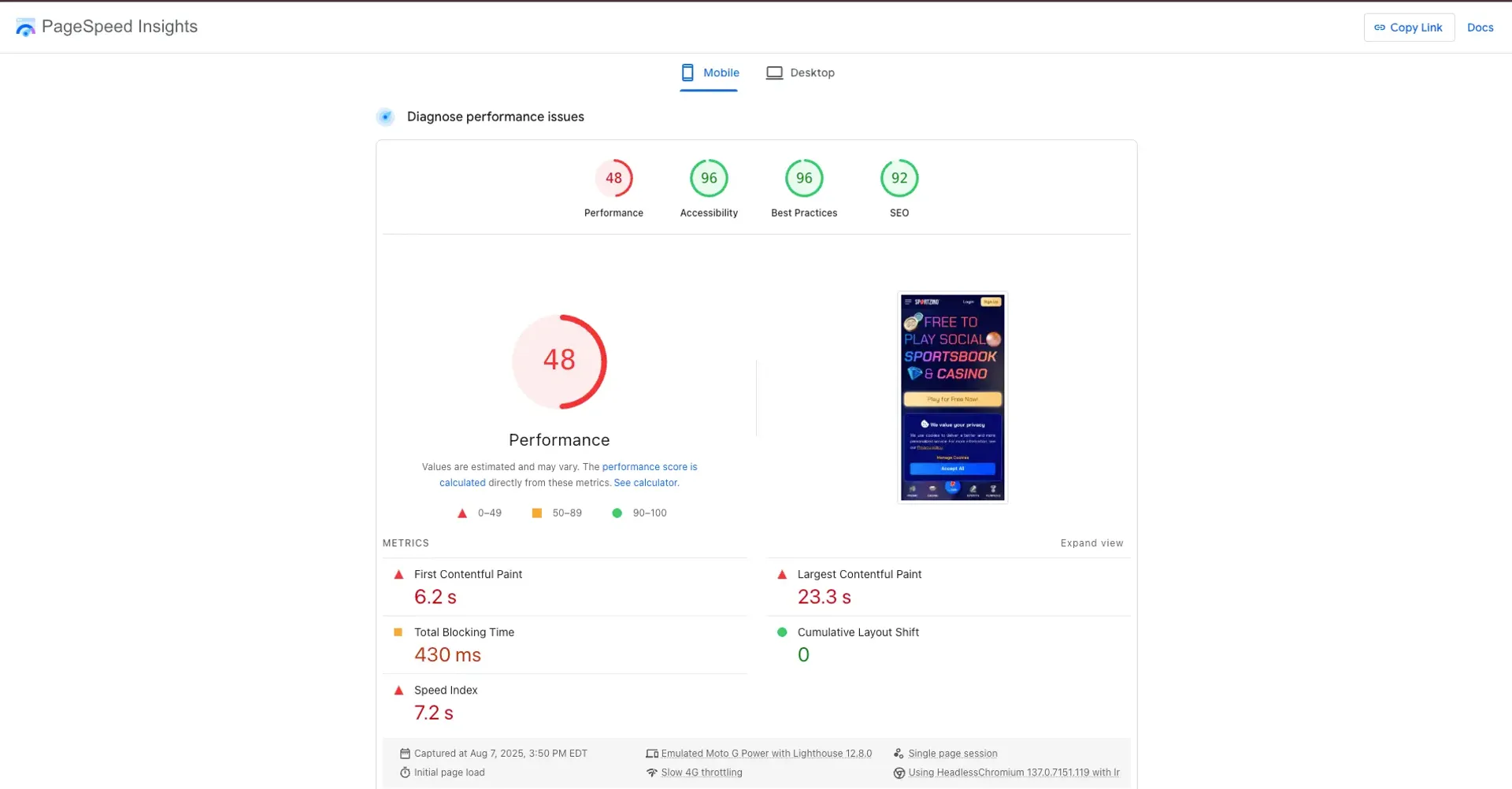 Sportzino page speed