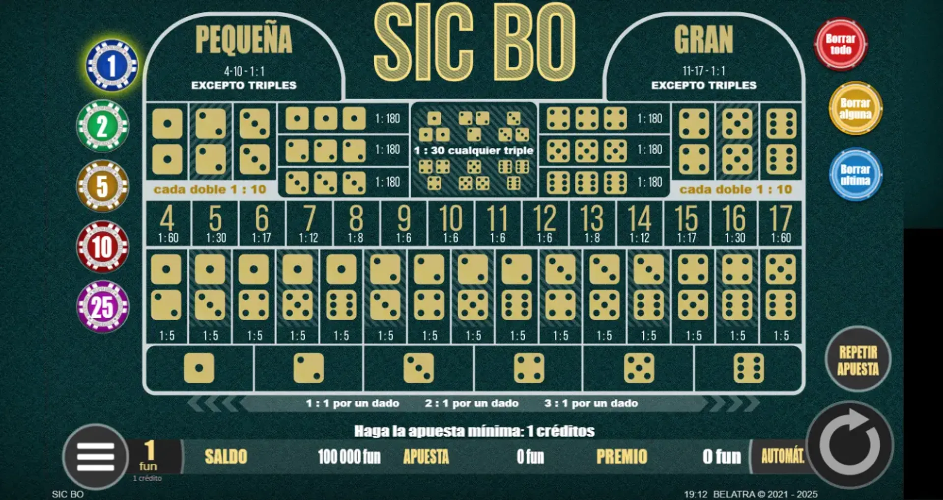 Tablero de juego de Sic Bo