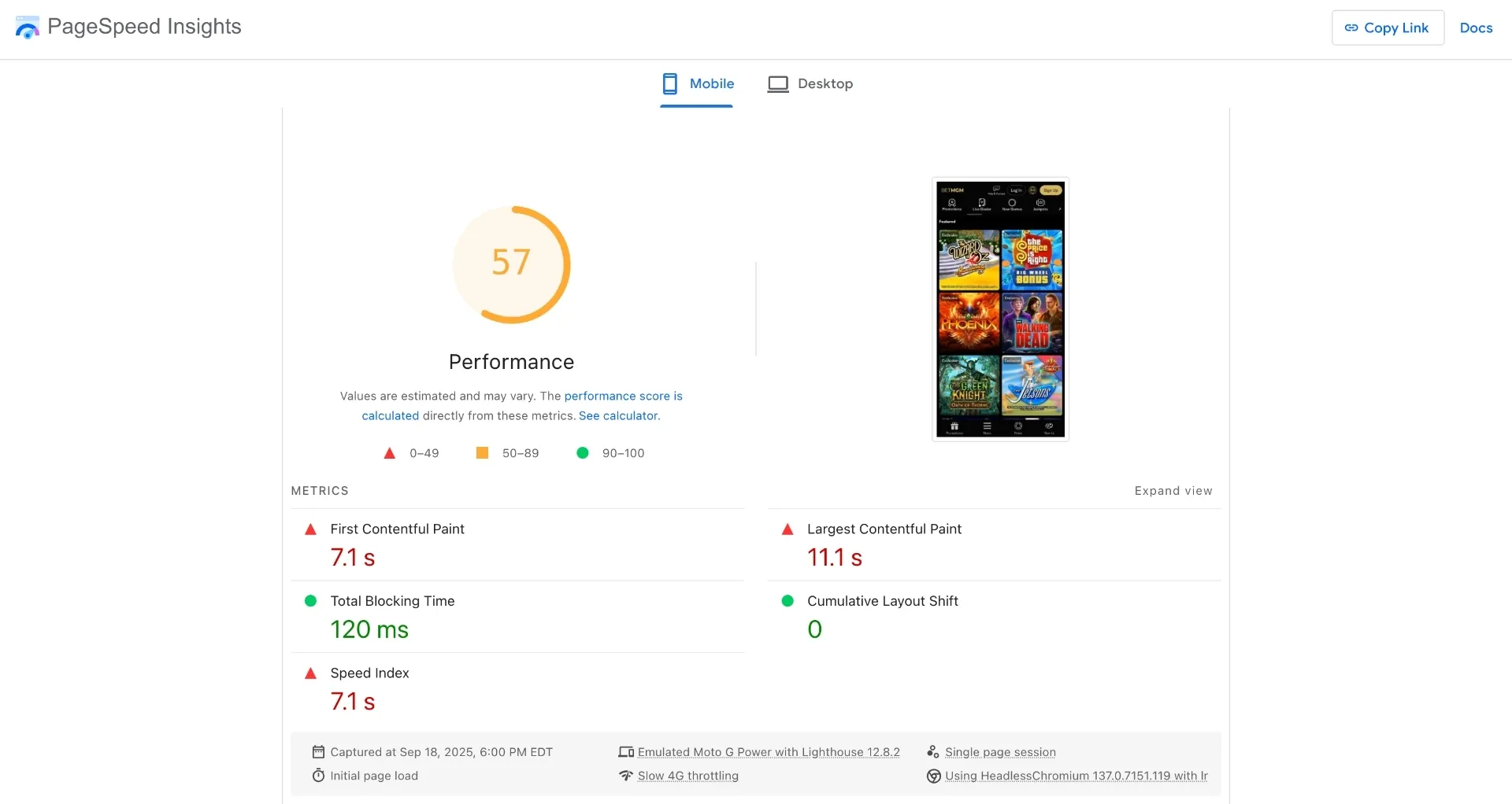 BetMGM casino page speed