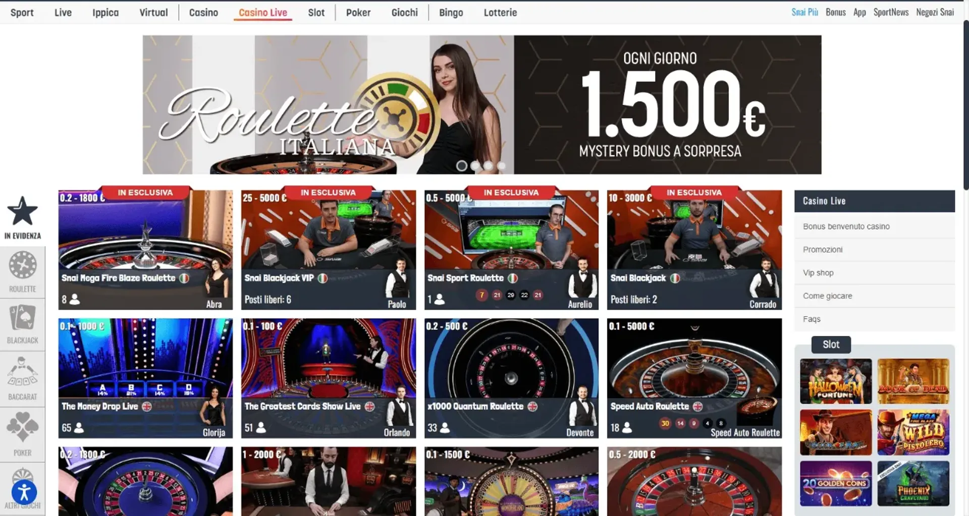 Giochi del Casinò Live su Snai