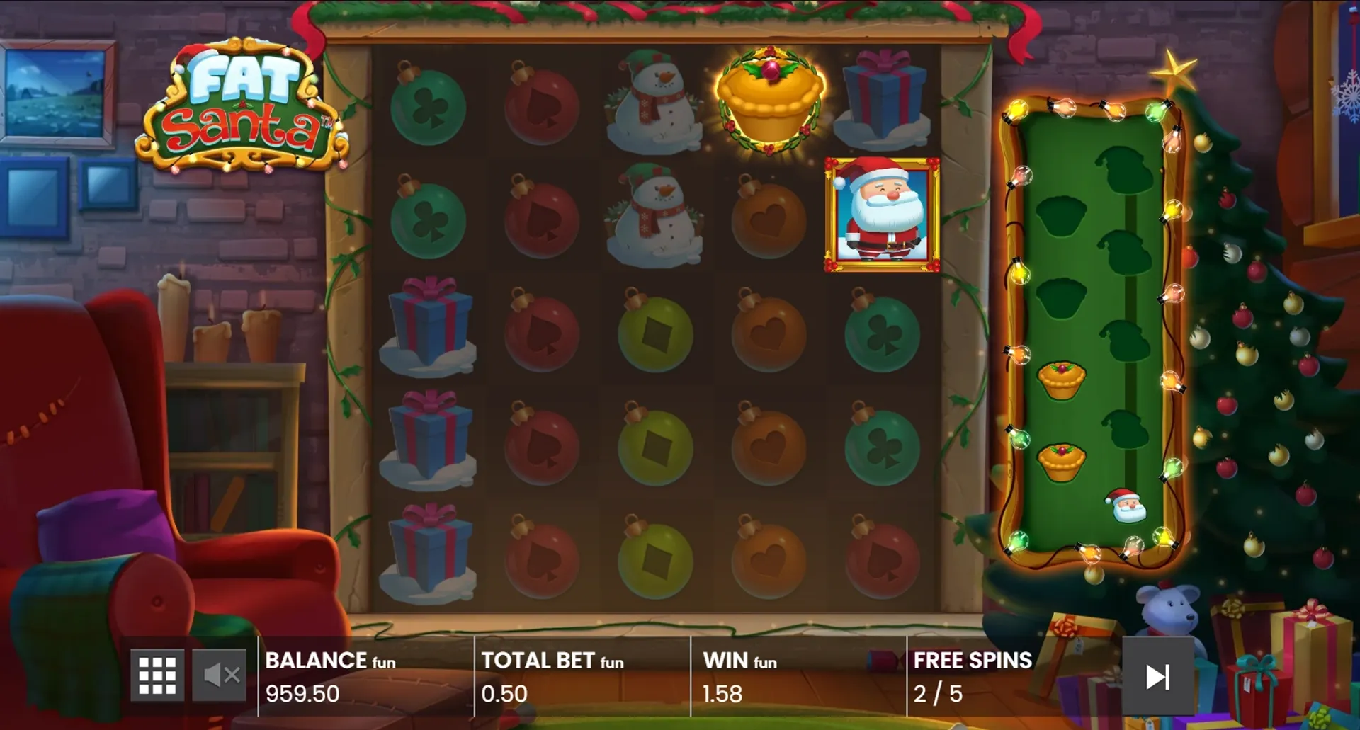 Captura durante la función de giros gratis en la slot Fat Santa