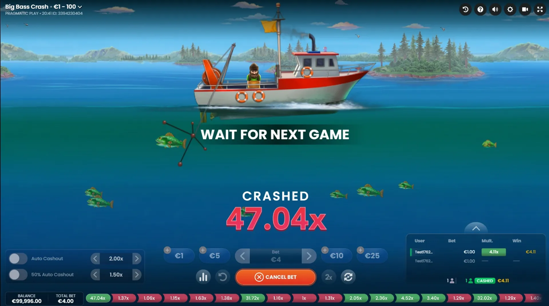 Captura del juego terminado en Big Bass Crash