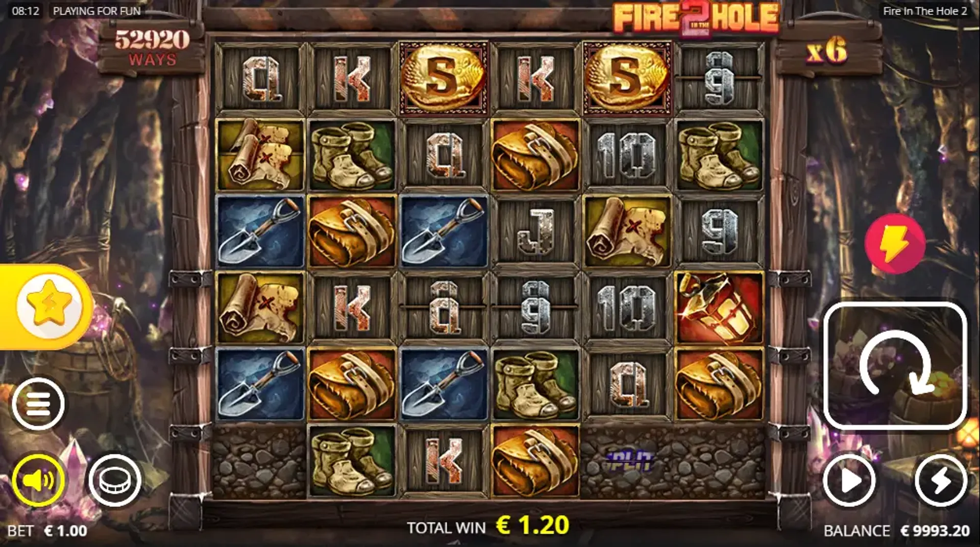 Captura del juego base en la tragamonedas Fire in the Hole 2 de Nolimit City