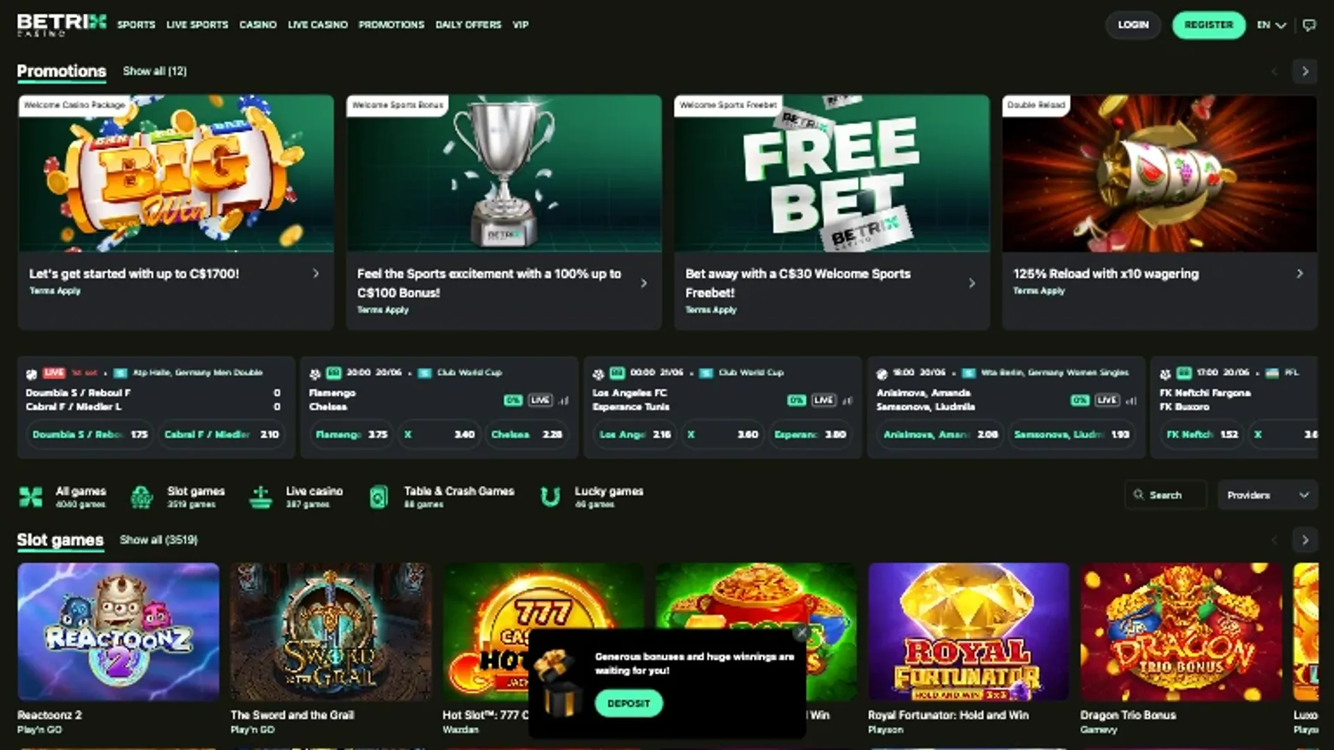 etrix Casino promotions page featuring C$1700 welcome package, sports bonus, and daily reload offer for Canada