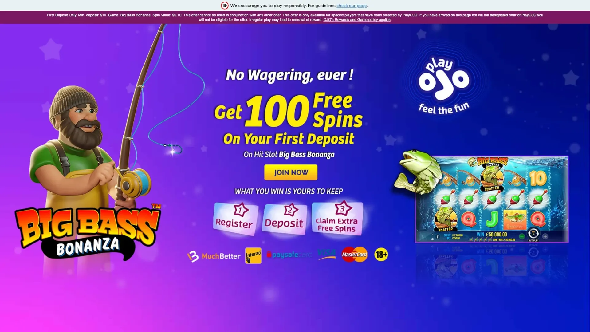 PlayOJO Casino homepage banner promoting 100 no-wager free spins on Big Bass Bonanza for Canadian players