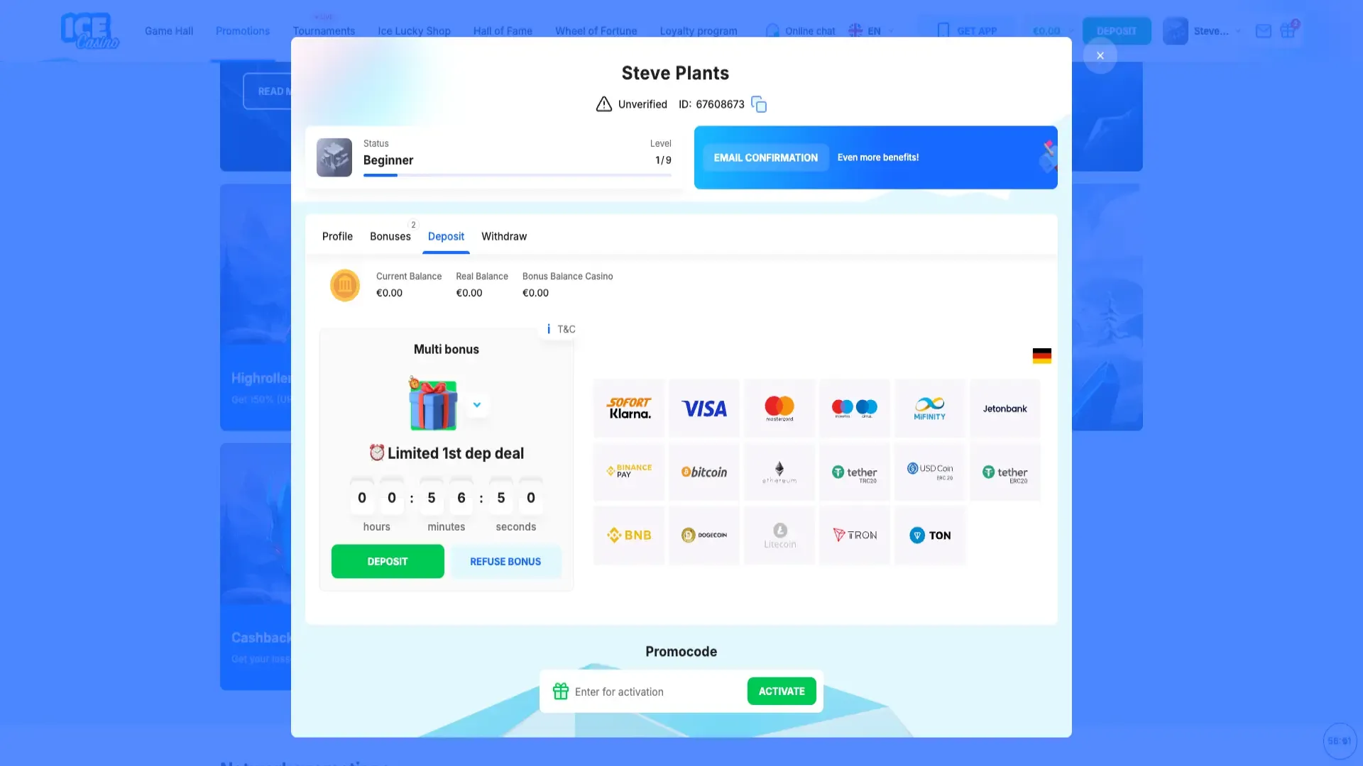 How to make a deposit at Ice Casino