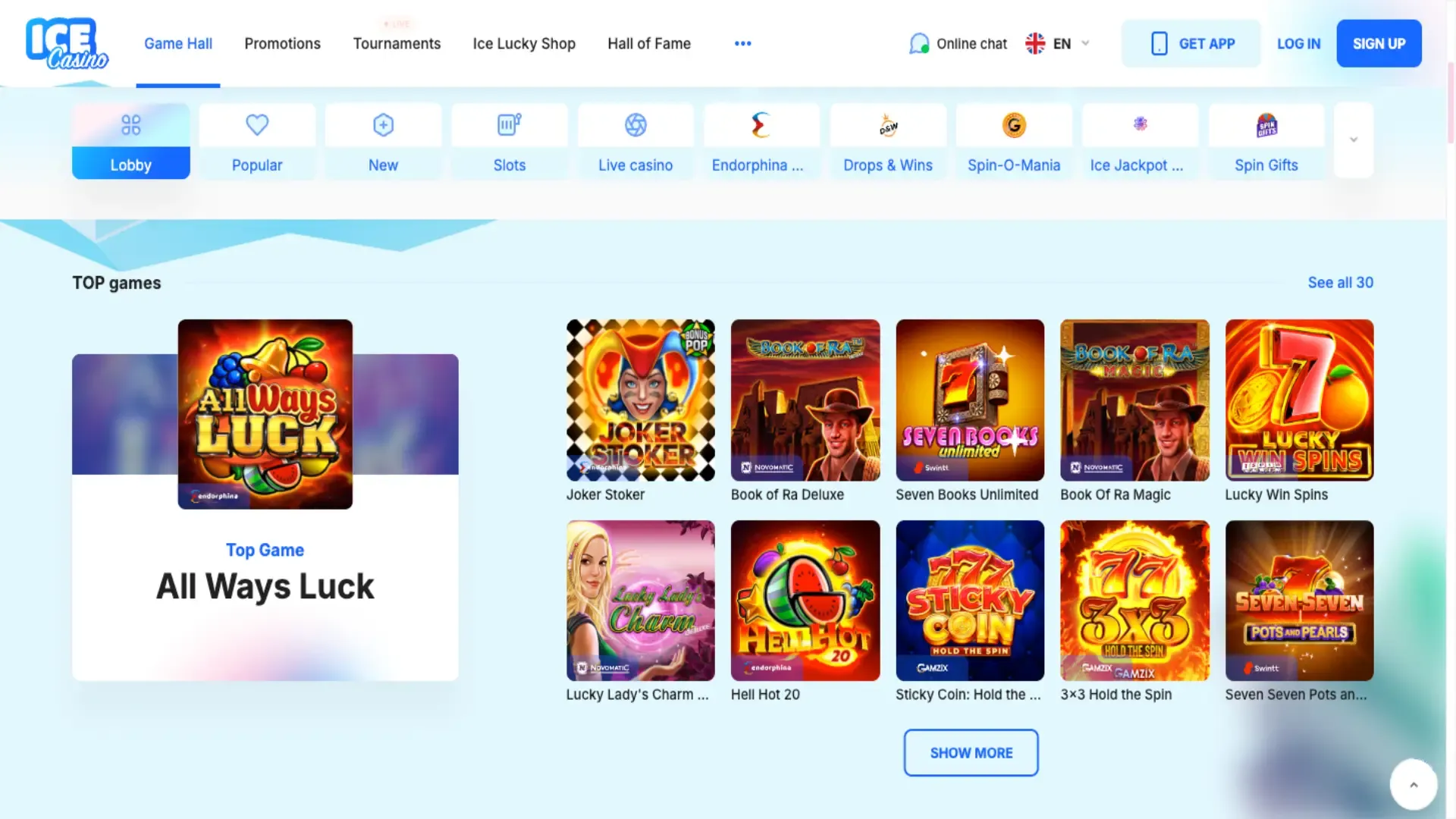 Game selection at Ice Casino