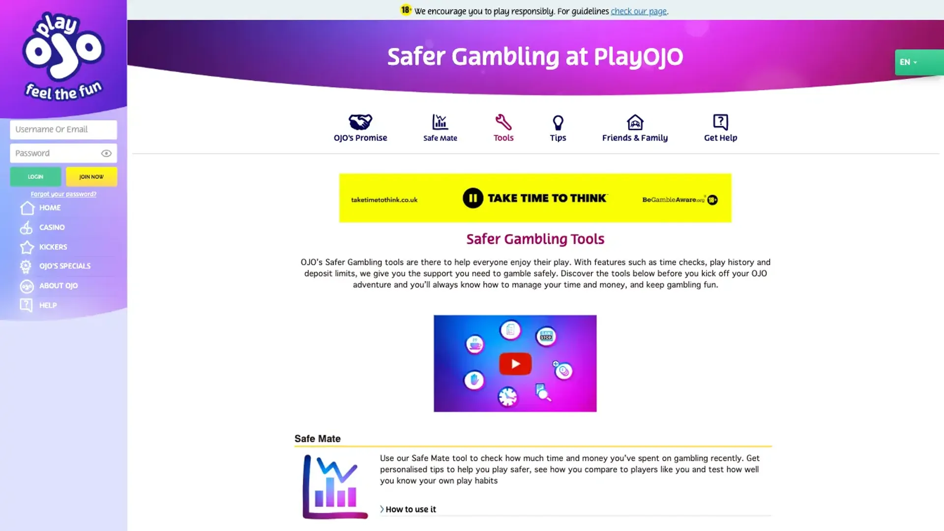 Responsible gambling tools at Playojo