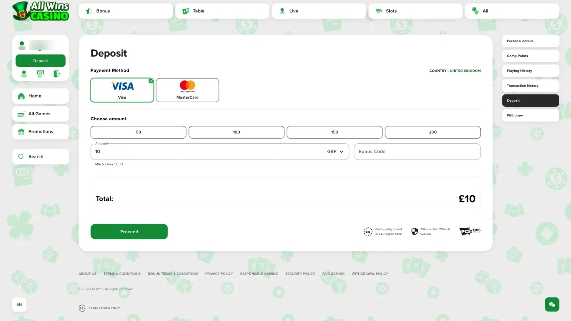How to deposit at AllWins casino