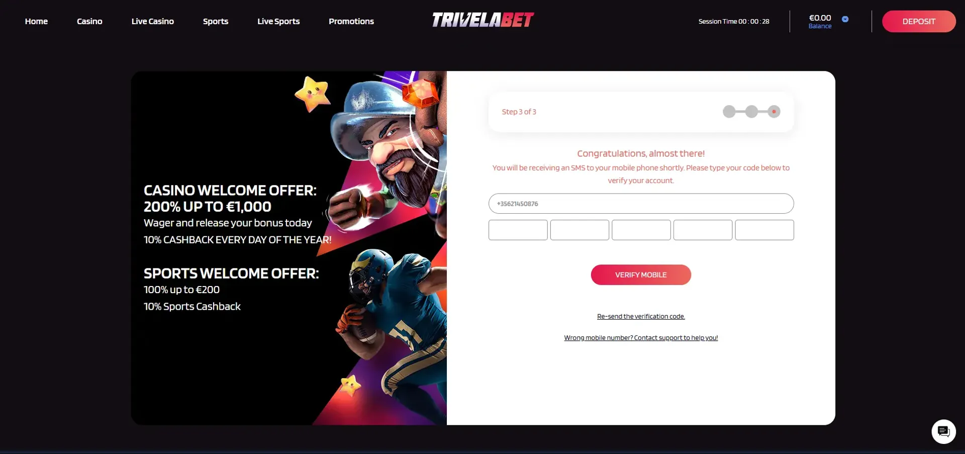 How to sign up at Trivelabet step 3