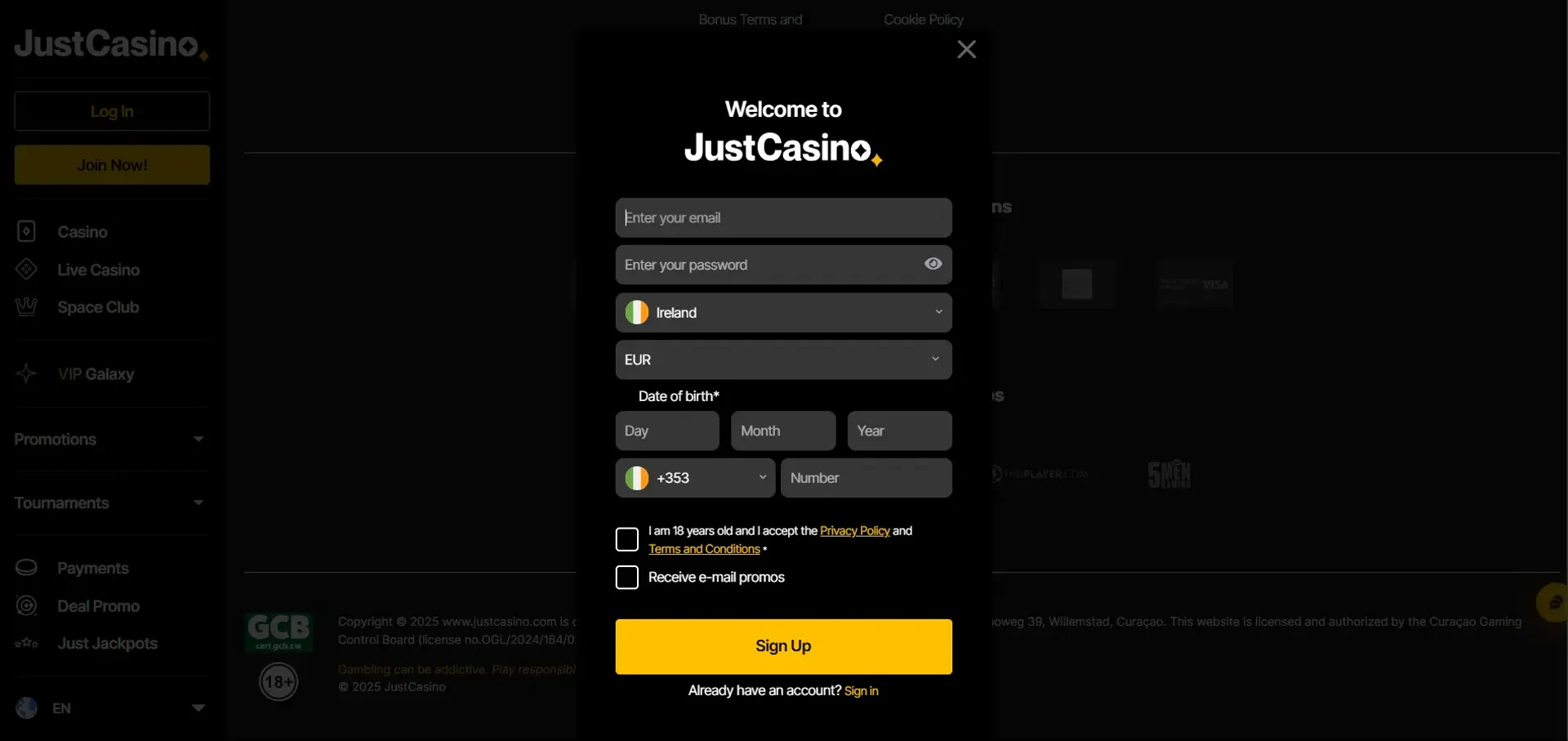 JustCasino sign up process