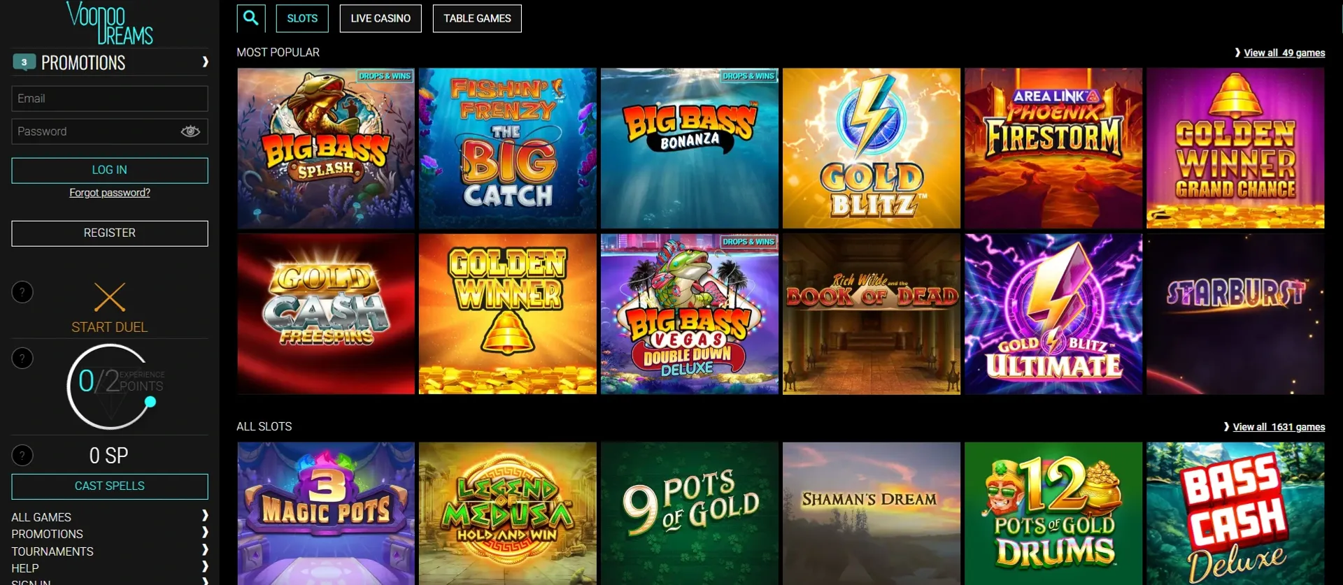 Game selection at Voodoo dreams casino